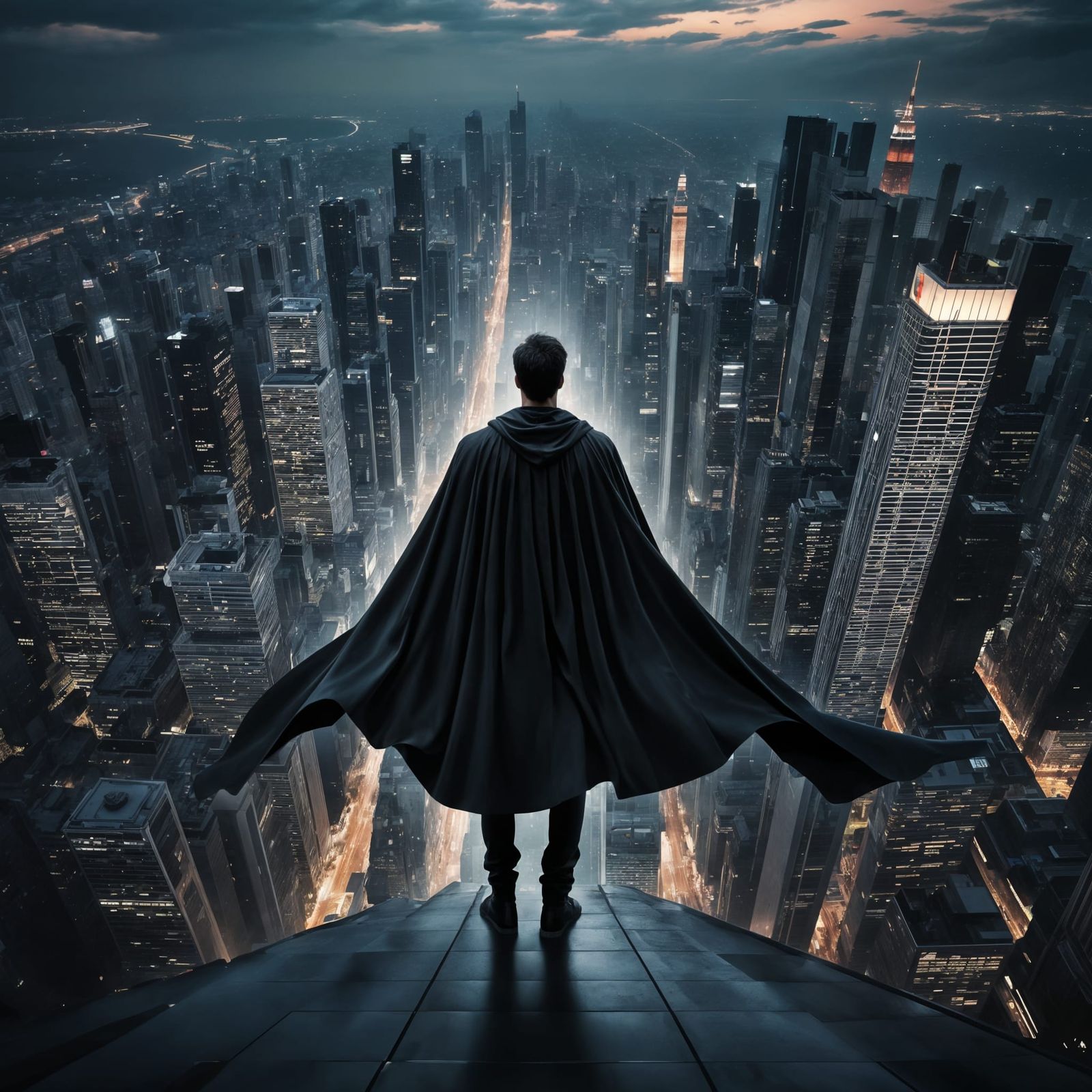 Enigmatic Figure Gazing Over Cityscape at Twilight