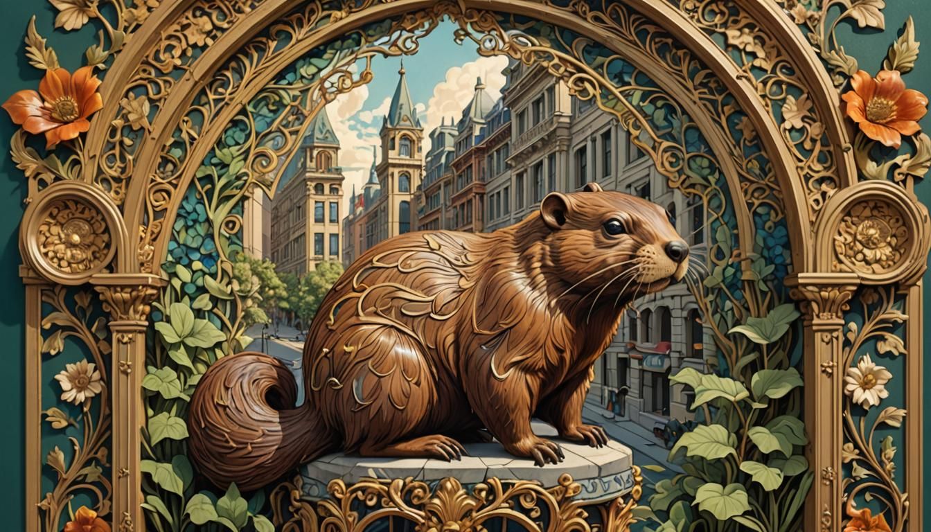 Art Nouveau Beaver Gazing at Ornate Mural