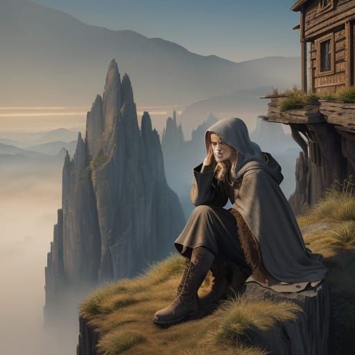 Girl on Cliff's Edge, Serene Landscape