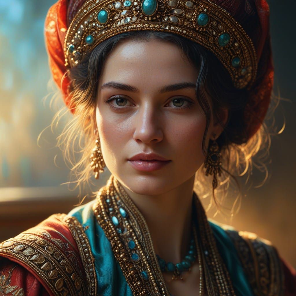 Woman in Crimson and Turquoise: Rembrandt-Inspired Oil Paint...