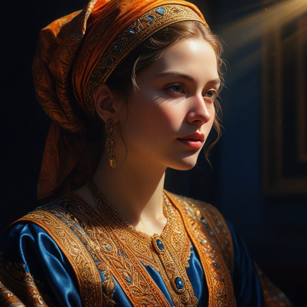 Hyperrealistic Oil Painting of Woman in Rich Clothing