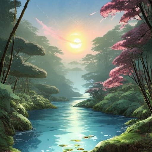 Romantic Hawaiian Forest River in Anime Style