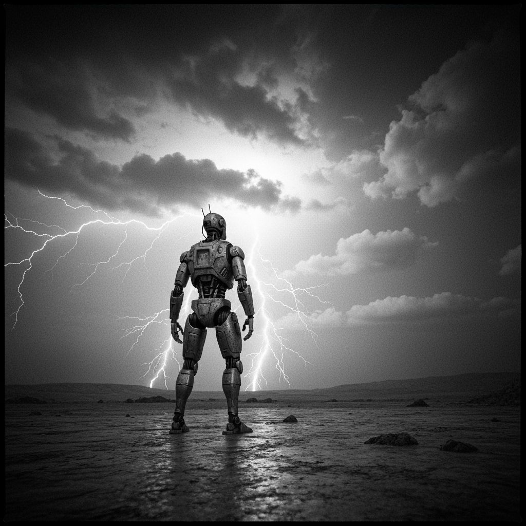 Robot Explorer on Barren Planet in Gritty Film Style