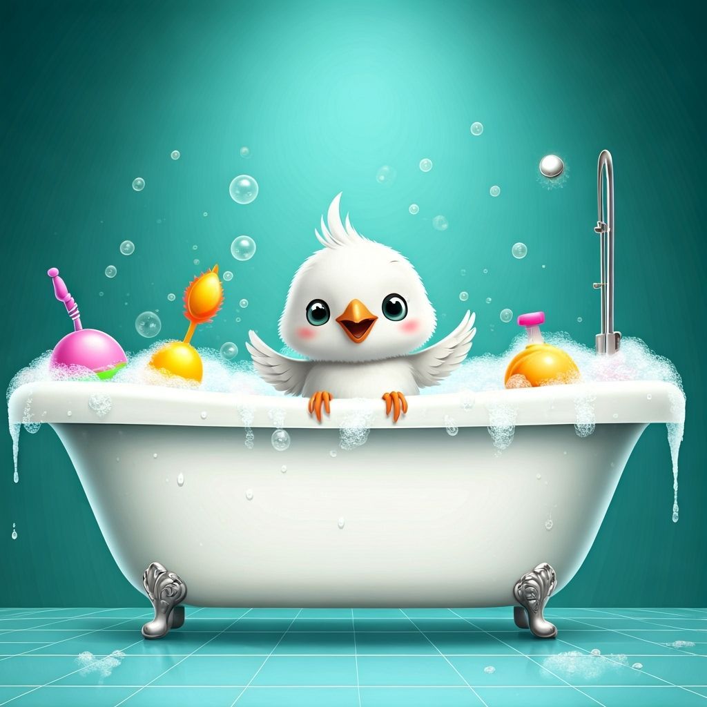 Bird in Bathtub with Bubbles and Toys