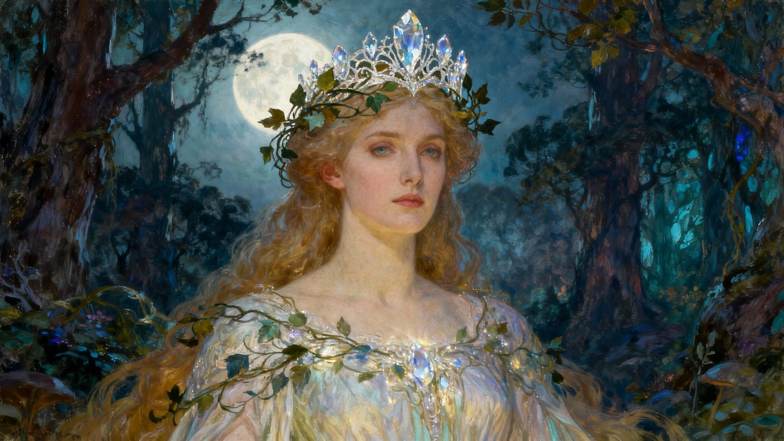 Forest Queen in Crystal Crown Under Moonlight Oil Painting