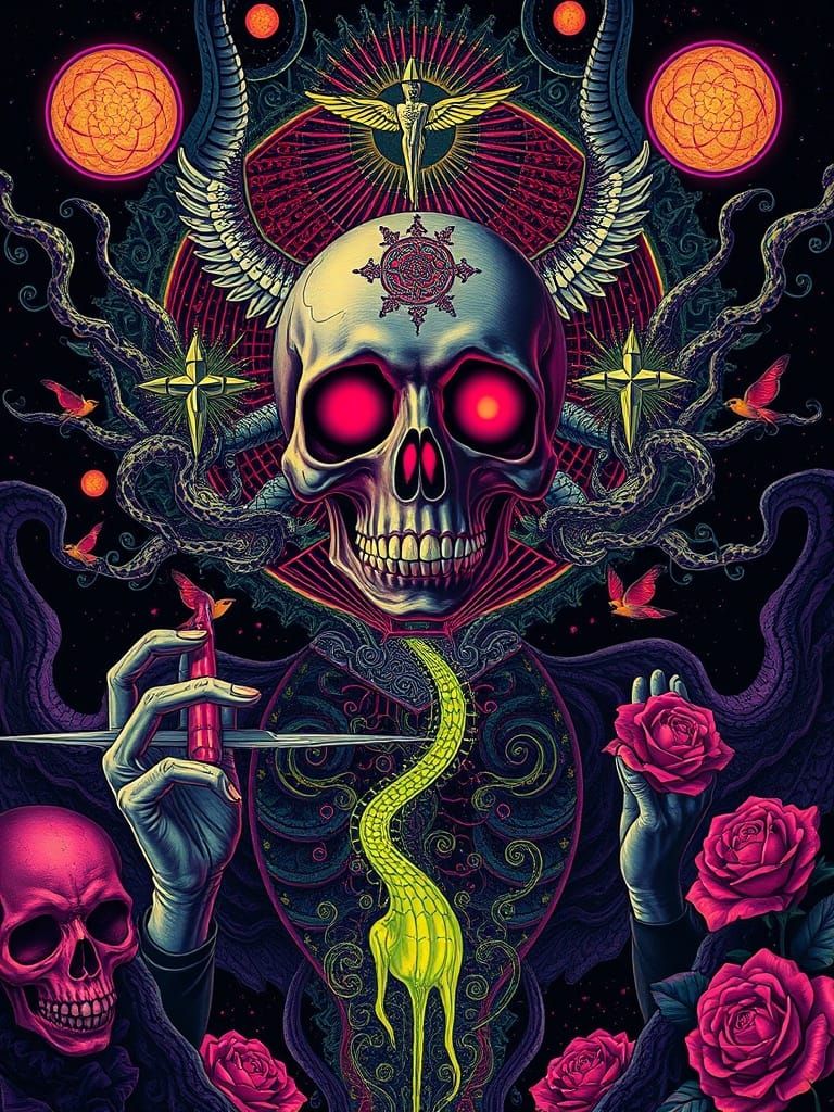 Gothic Neon Skull Amidst Psychedelic Opulence