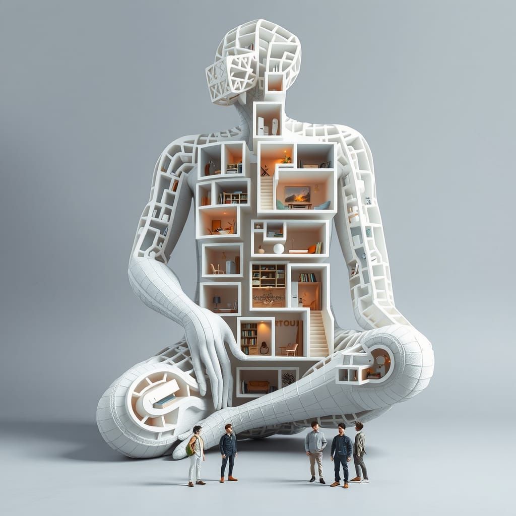 Intricate Maze Sculpture with Miniature Domestic Scenes