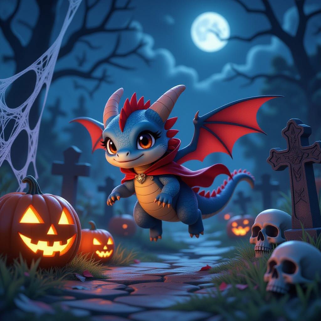 Baby Dragon Flies Over Spooky Graveyard in 3D Anime Style