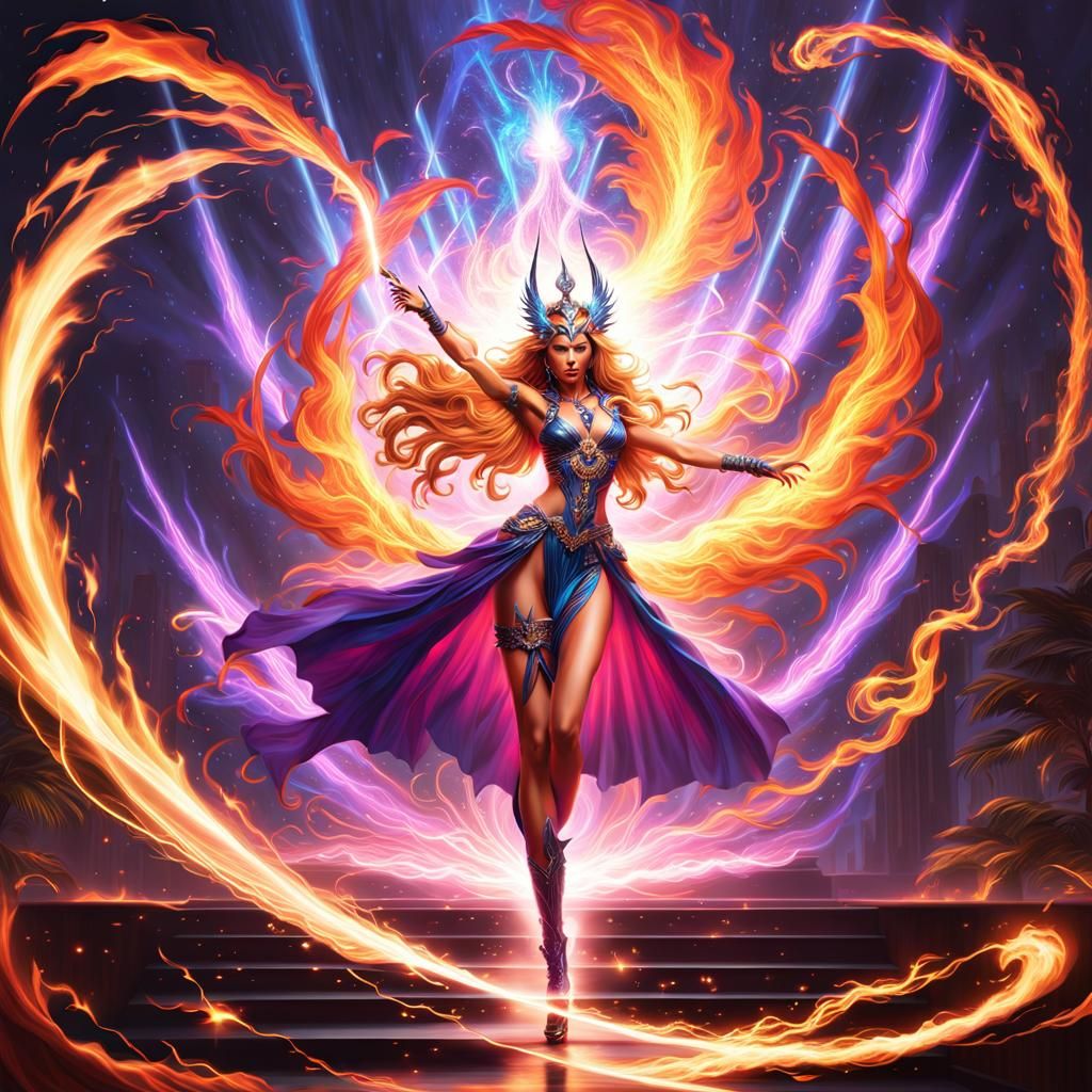 Hyperrealistic Mage Channeling Arcane Power in Fiery Form