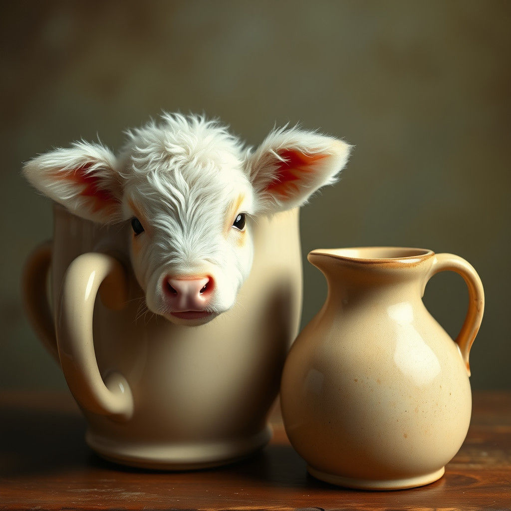 Fluffy Calf Sipping Milk in a Mug: Realistic Animal Portrait