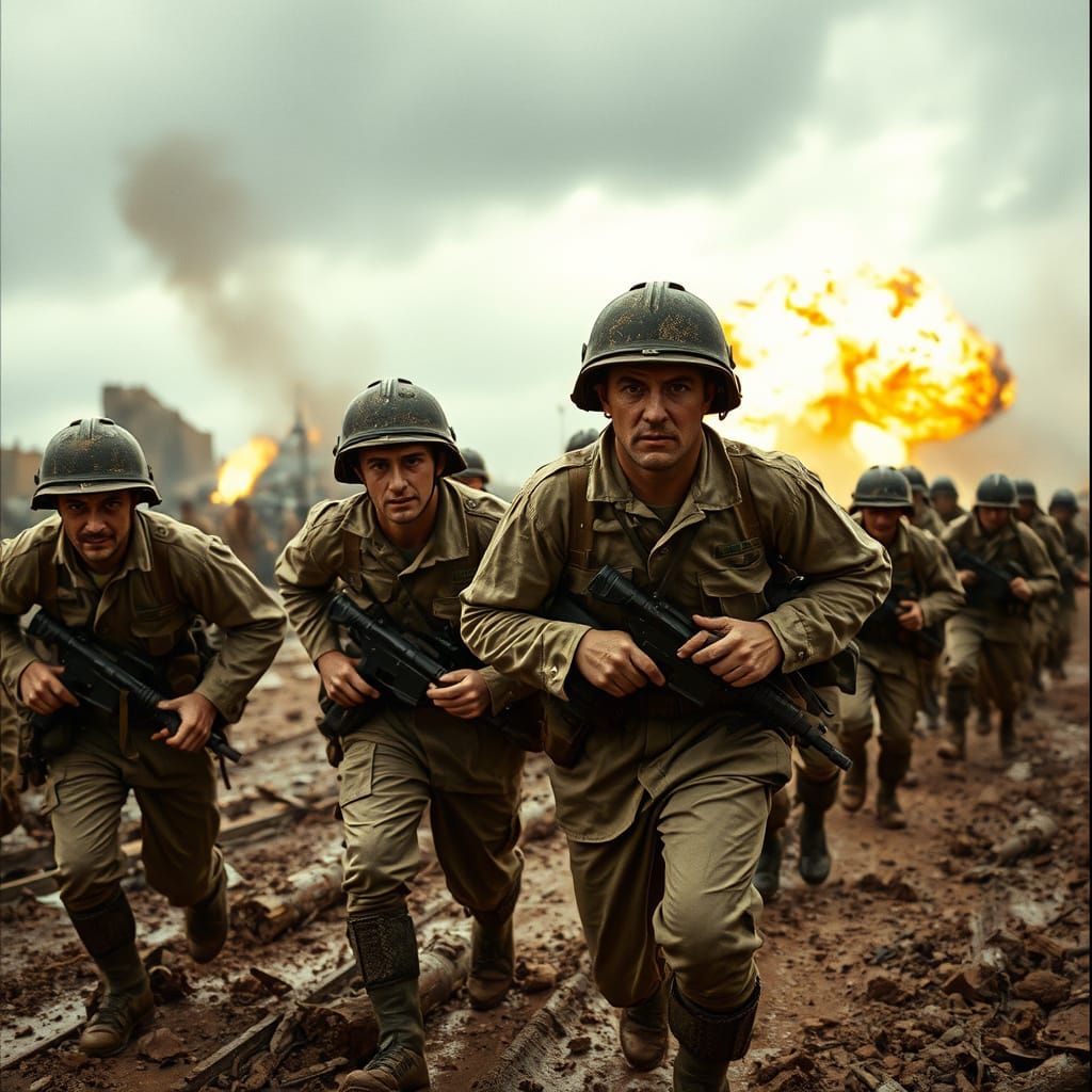 War-Torn Soldiers Charge Across Muddy Battlefield in Cinemat...