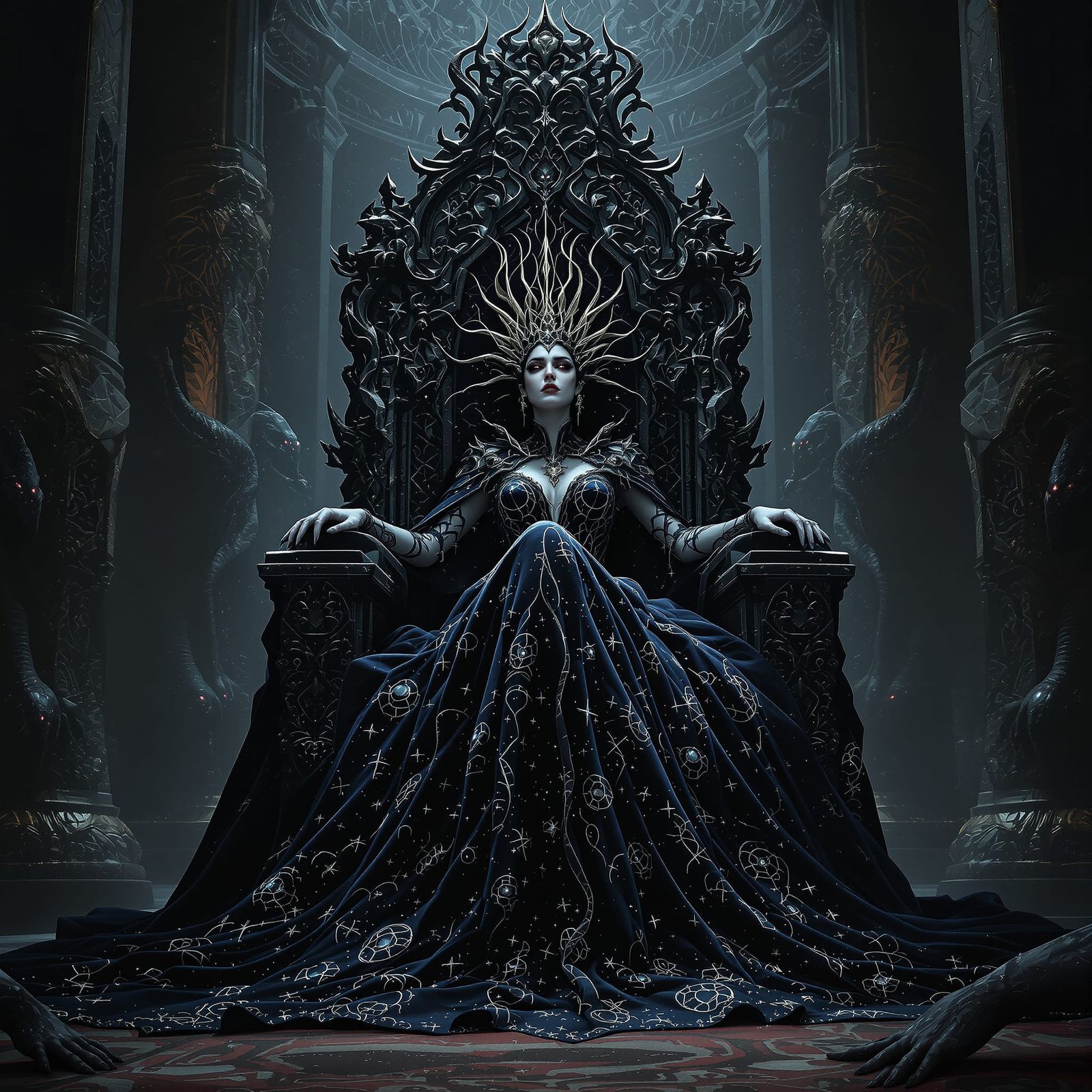 Regal Queen of Shadows in Dark Fantasy Hall