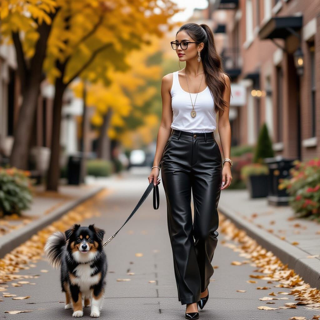 Asian Woman Walking Dog in Autumn Alley