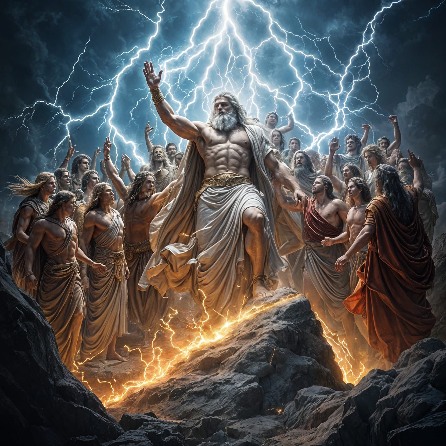 Zeus, King of Olympus, Surrounded by Lightning and Gods
