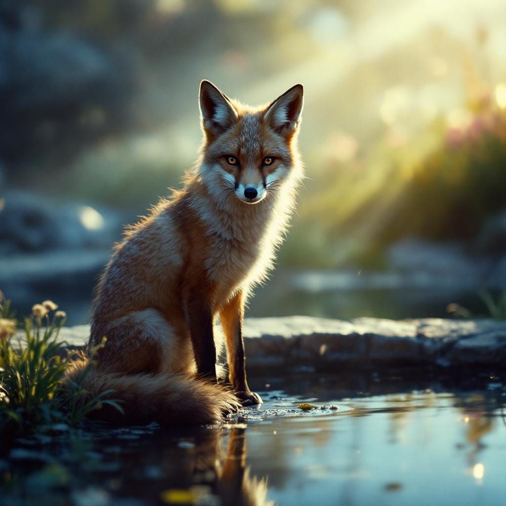 Ten-Tailed Fox at Reflecting Pool in Cinematic Lighting