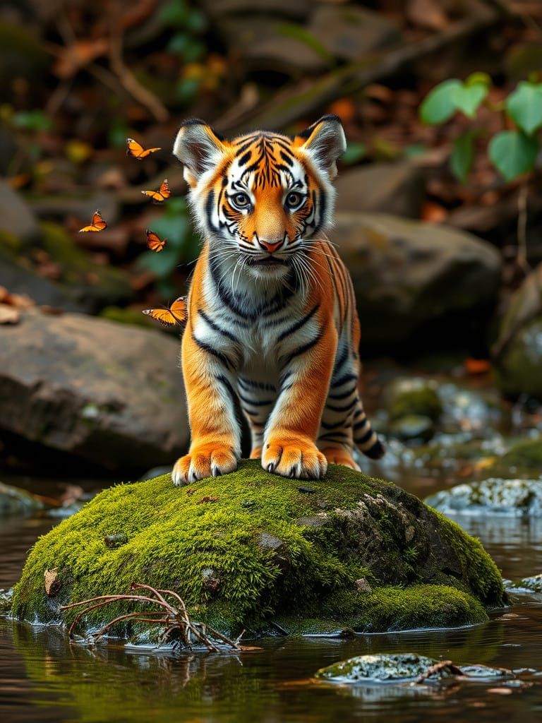 Tiger Cub in Whimsical Nature Scene with Butterflies and Mos...