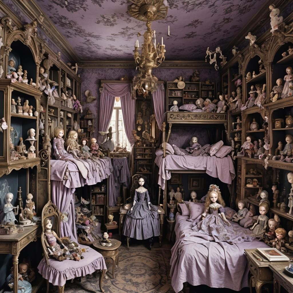 Eerie Room with Dolls in Digital Art Style