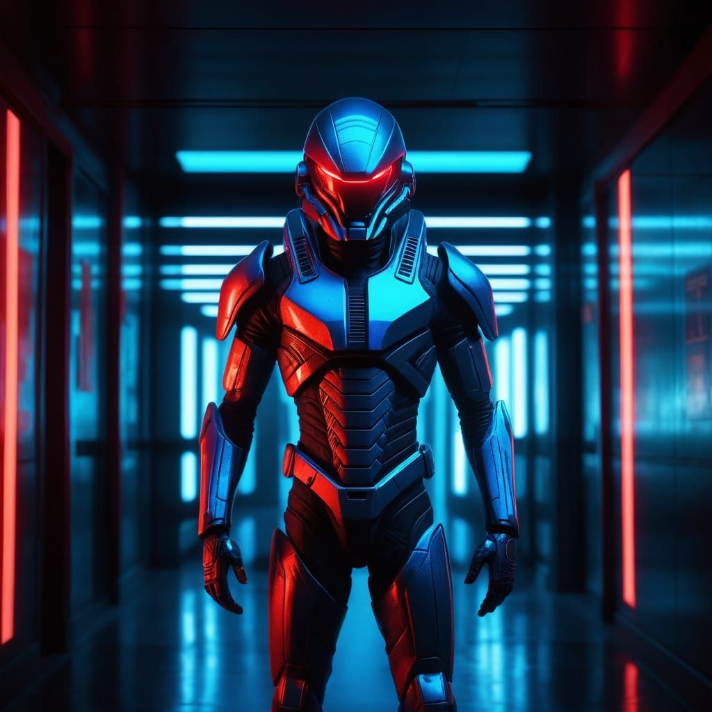 Gritty Sci-Fi Alien Warrior in Neon-Lit Metallic Corridor