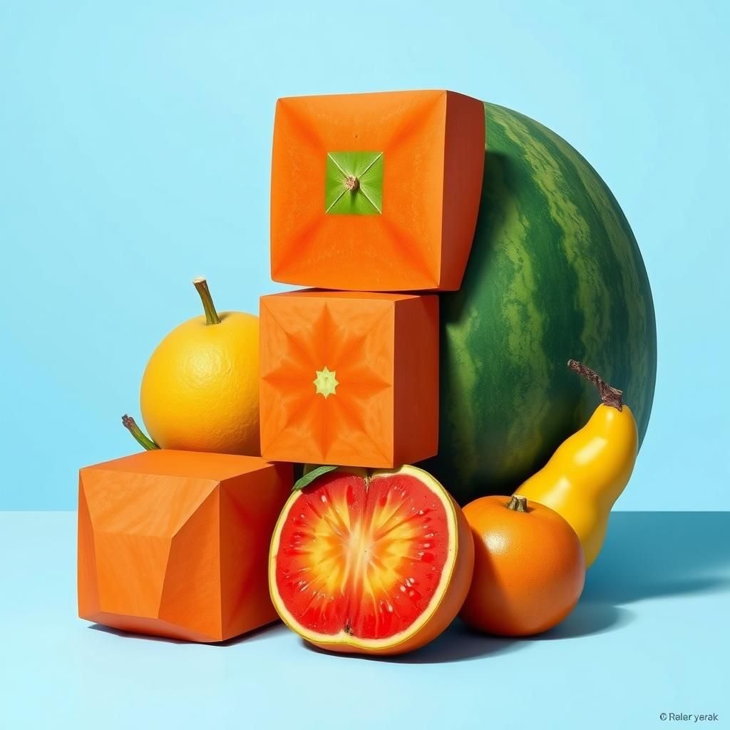 Geometric Cube-Melon Still Life in Graphic Style