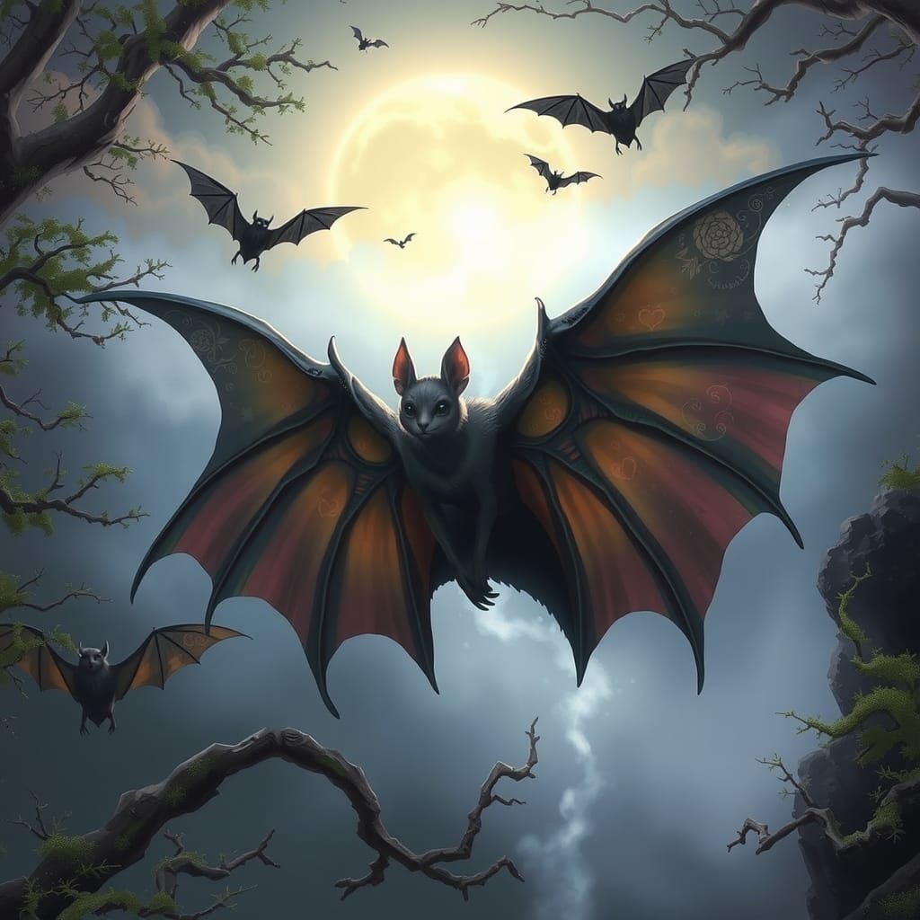 Ethereal Bat Fairy in Misty Landscape
