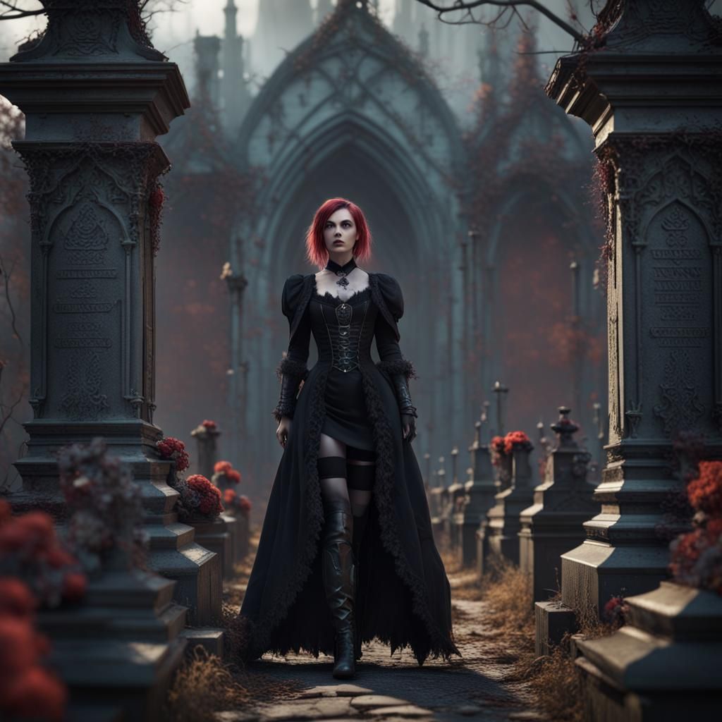 Gothic Woman in Cemetery: Detailed Matte Painting