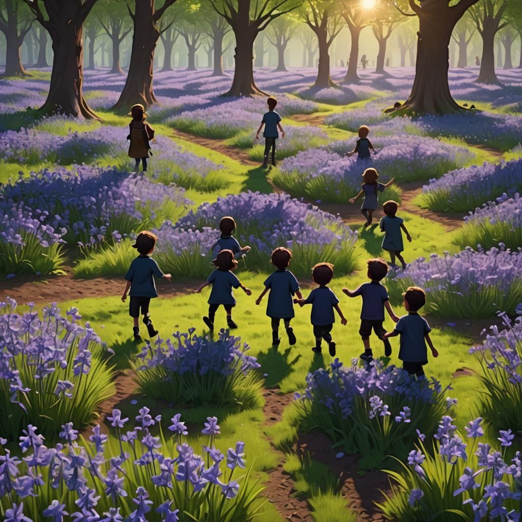 Happy Children Playing in Bluebells: Pixar-Style 3D Art