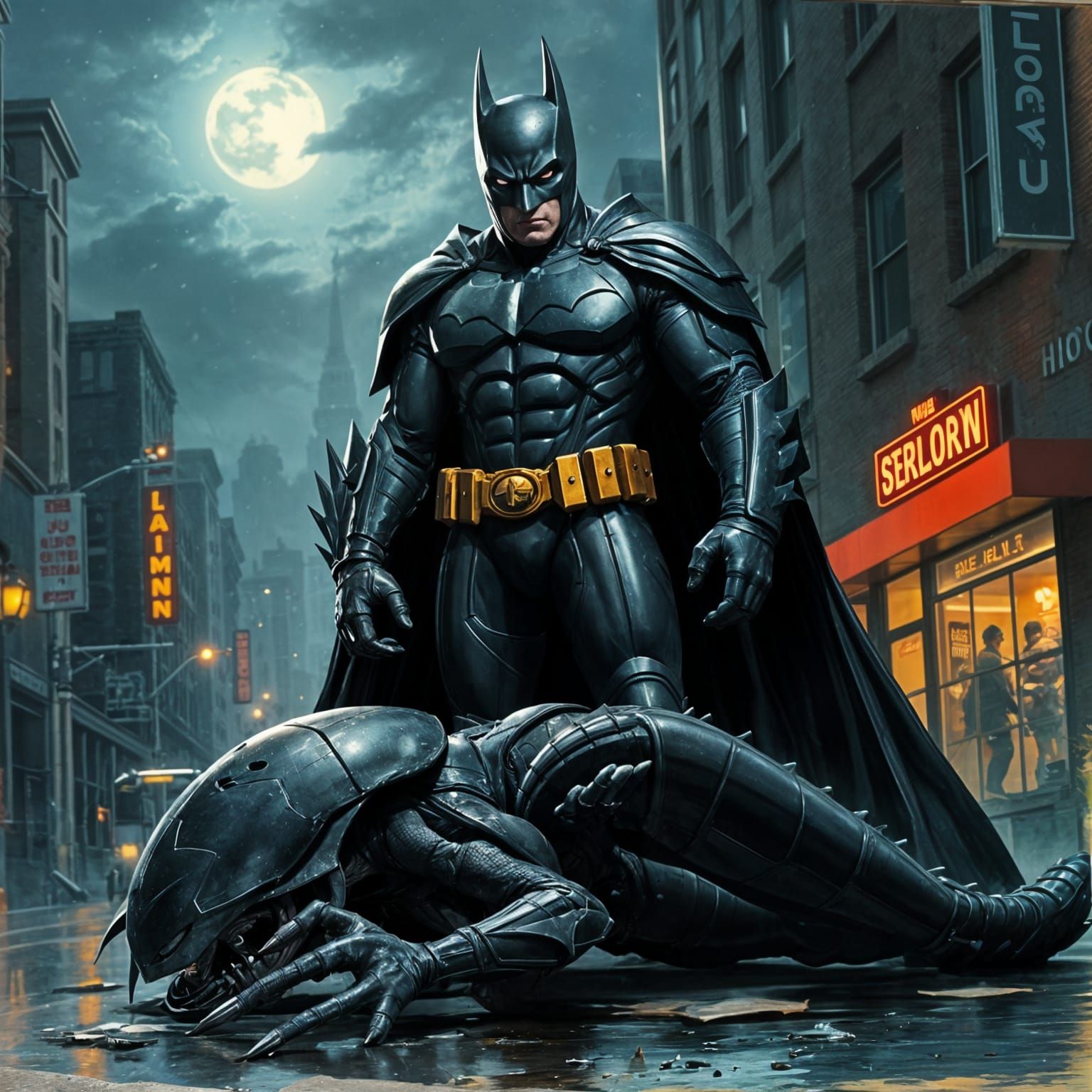 Dark Knight Defends Gotham in Cyberpunk Style