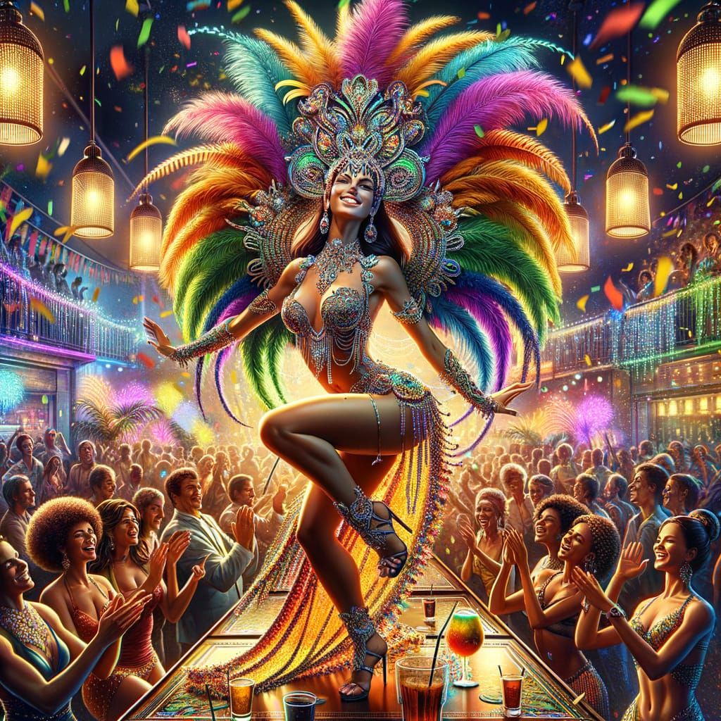Elegant Brazilian Samba Dancer in Vibrant Carnival Scene