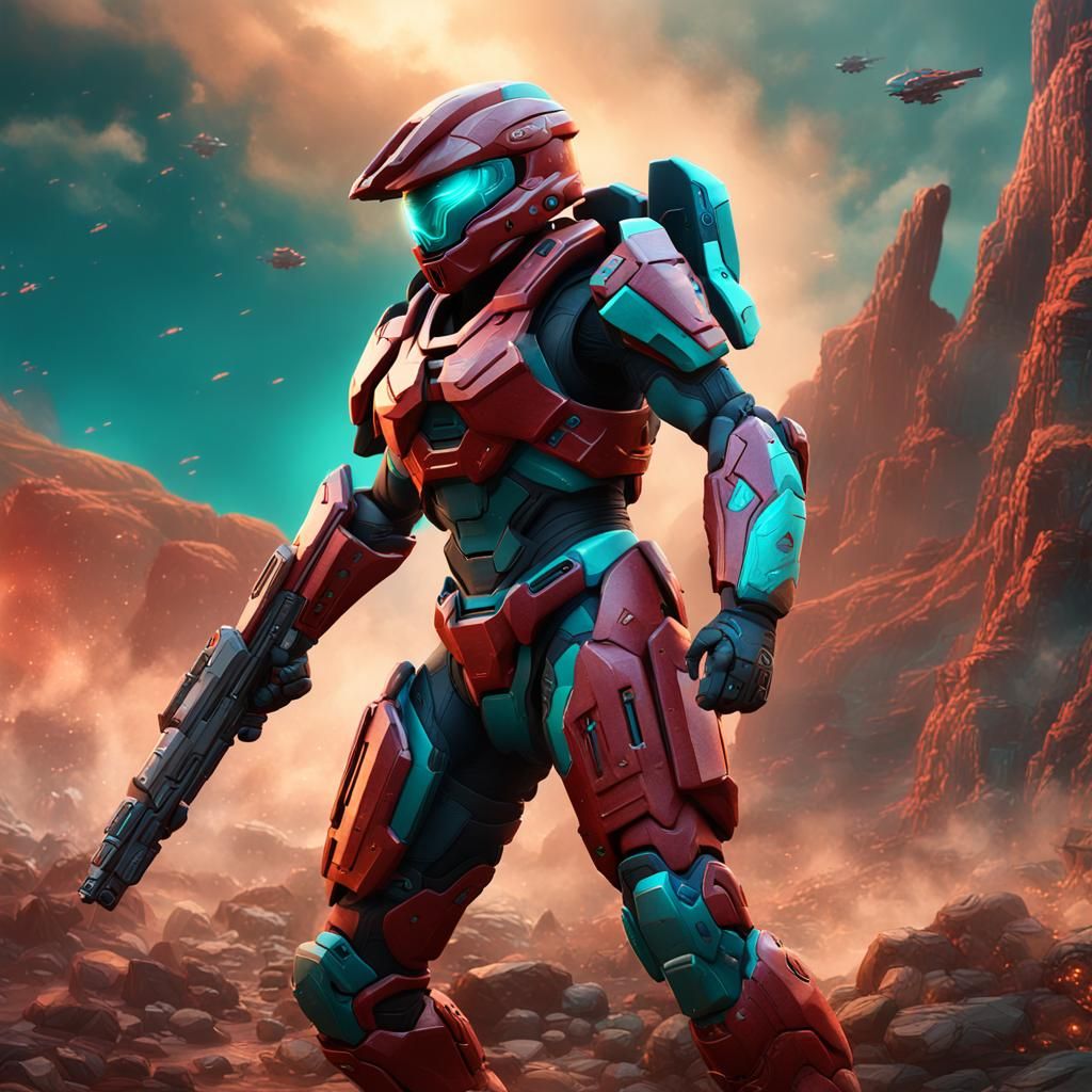 Female Spartan Warrior in Red and Teal Armor