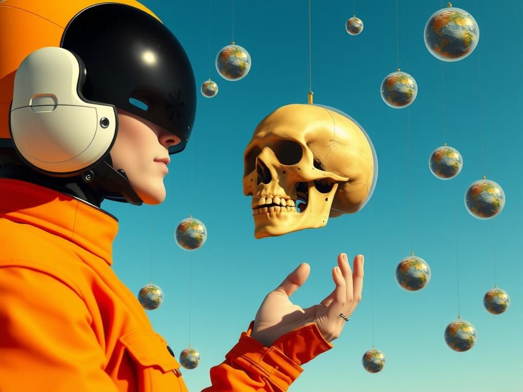 Surreal Digital Art with Floating Spheres and Sci-Fi Figures
