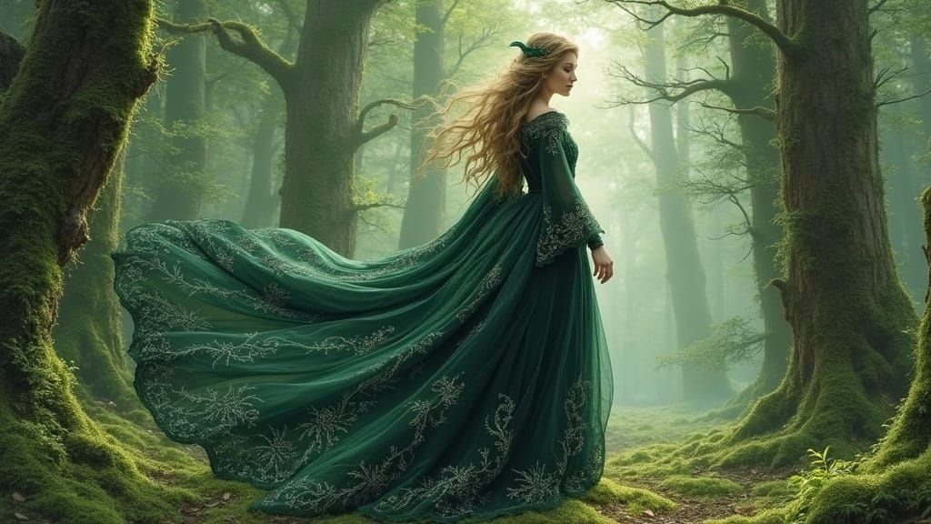 Elven Woman in Emerald Gown in Mossy Forest