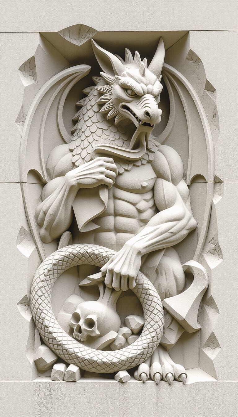 Dragon Carving Stone Throne with Ouroboros and Skull