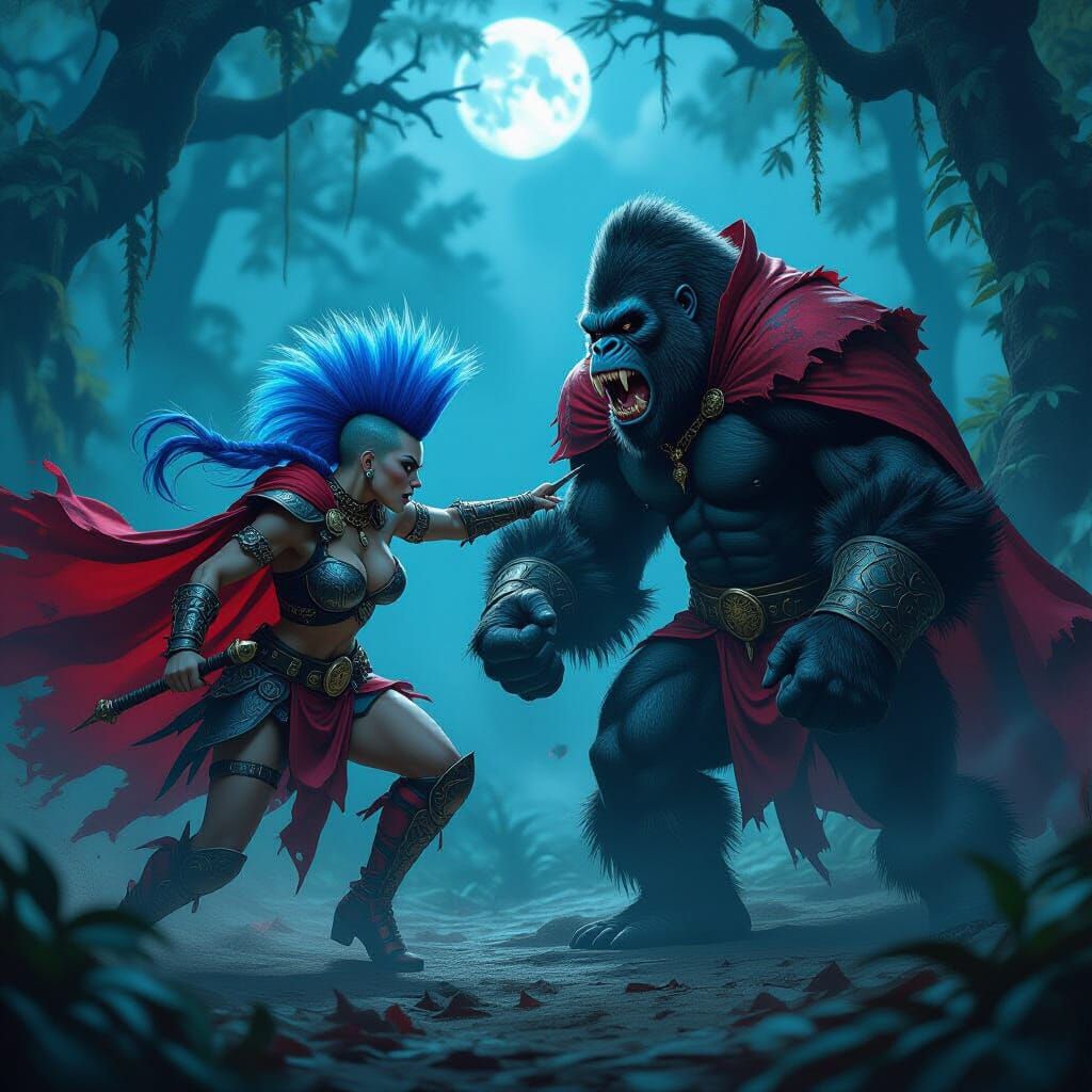 Punk Amazon Battles Vampire Gorilla in Gothic Jungle