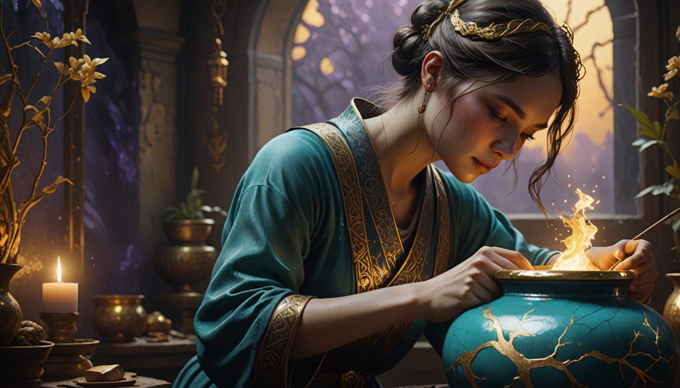 Woman Painting Kintsugi Pot in Encaustic Digital Watercolor