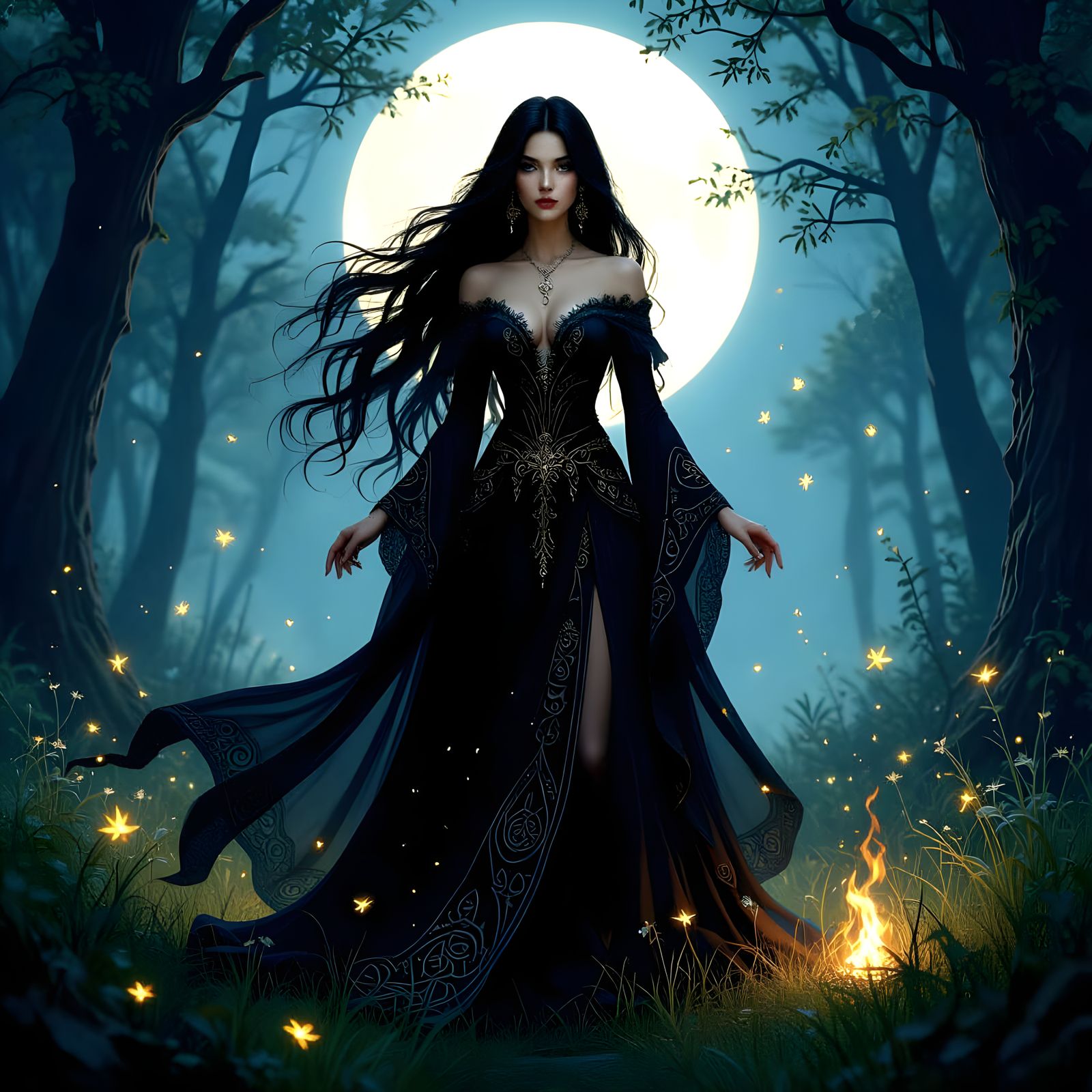 Enchanting Witch in Mystical Forest, Hyperdetailed Rendering