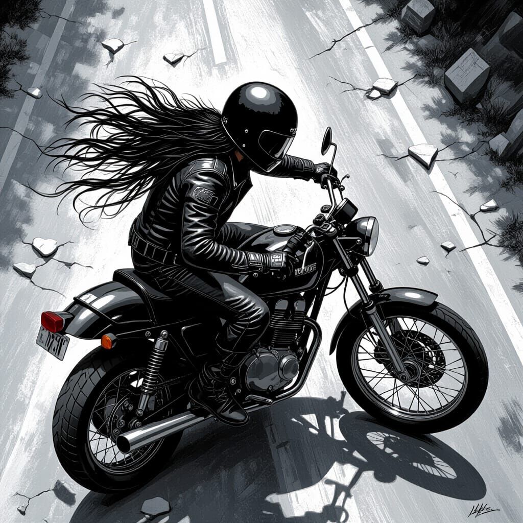Dramatic Biker on Broken Motorcycle in Poster Art Style