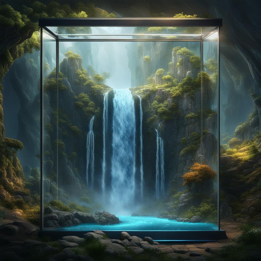 Waterfall in Glass Box: Detailed Matte Painting