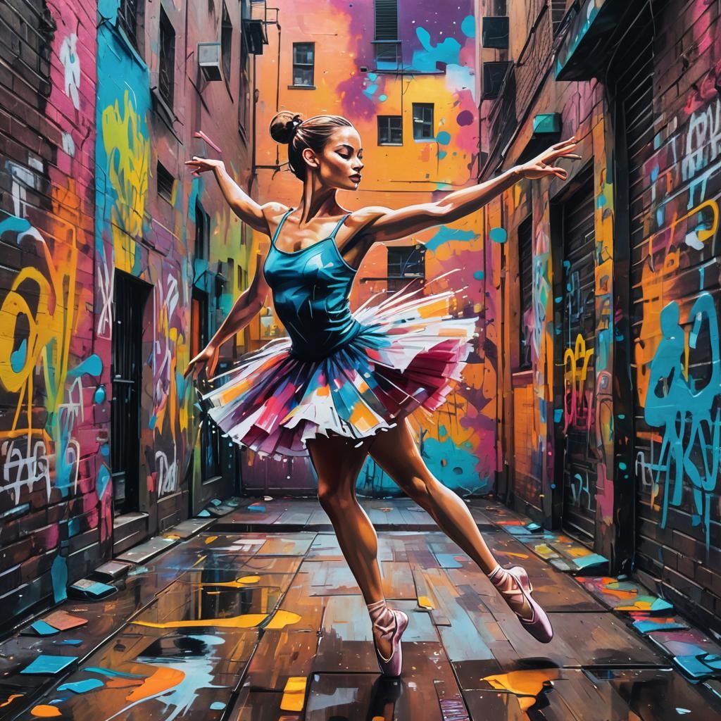 Ballerina Dancing in Graffiti Alleyway: Fauvist Expressionis...