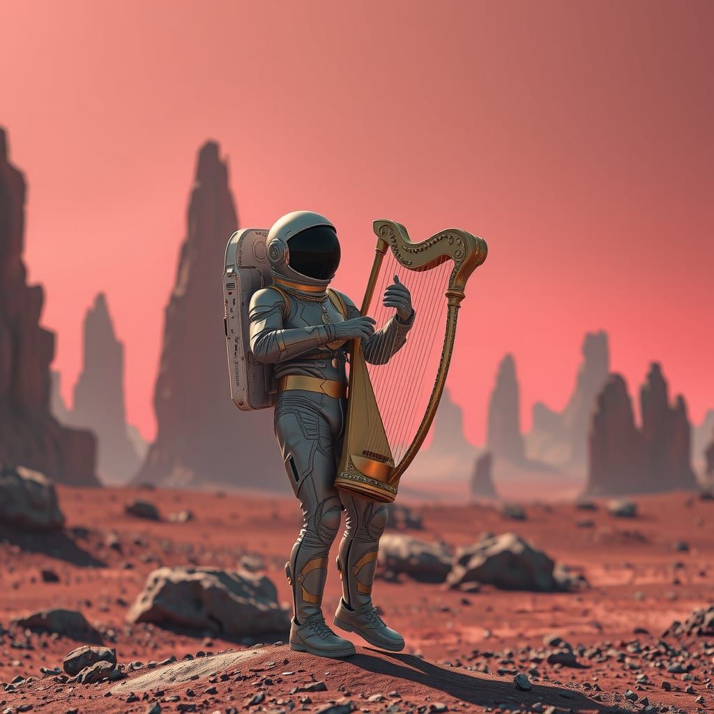 Astronaut Plays Harp on Alien Planet in Hyperrealistic Style