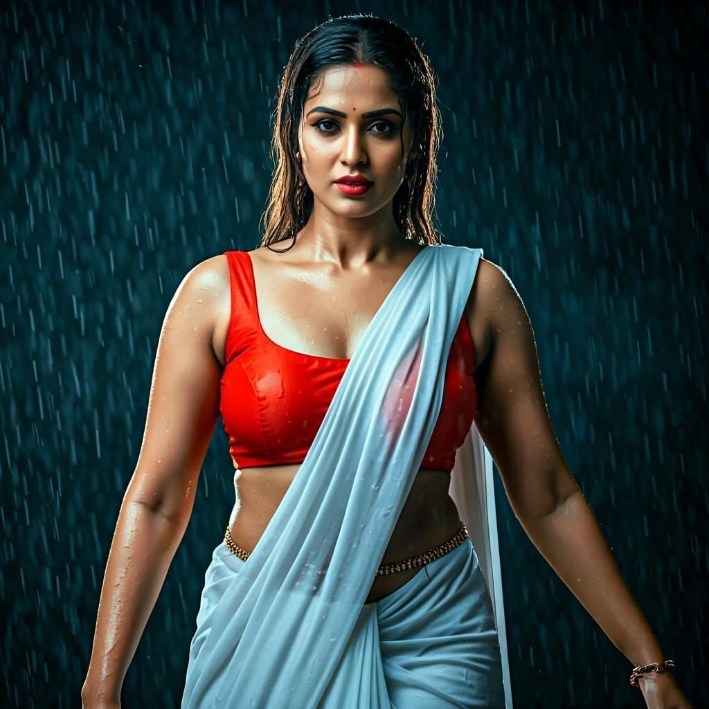 Exquisite Indian Beauty in Wet White Saree