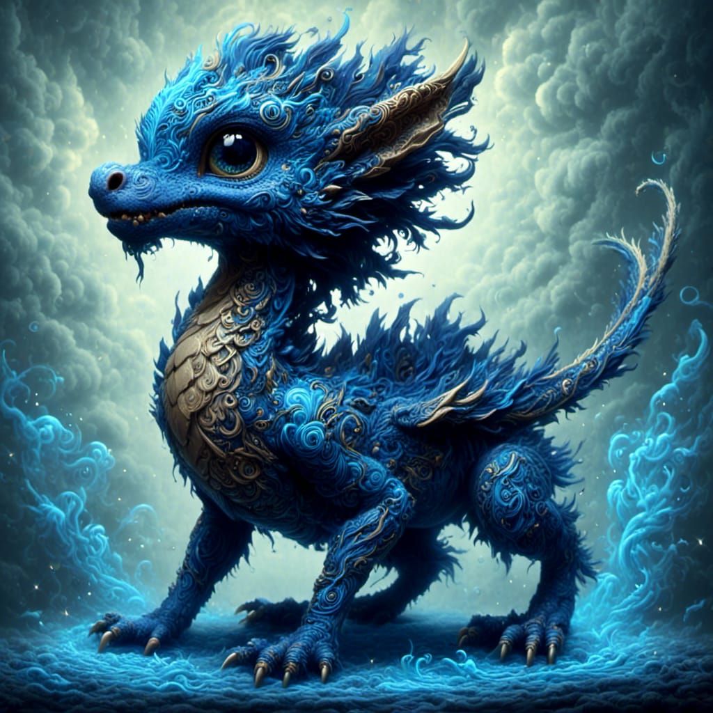 Blue Chibi Dragon Hatchling in Tantra Art Style