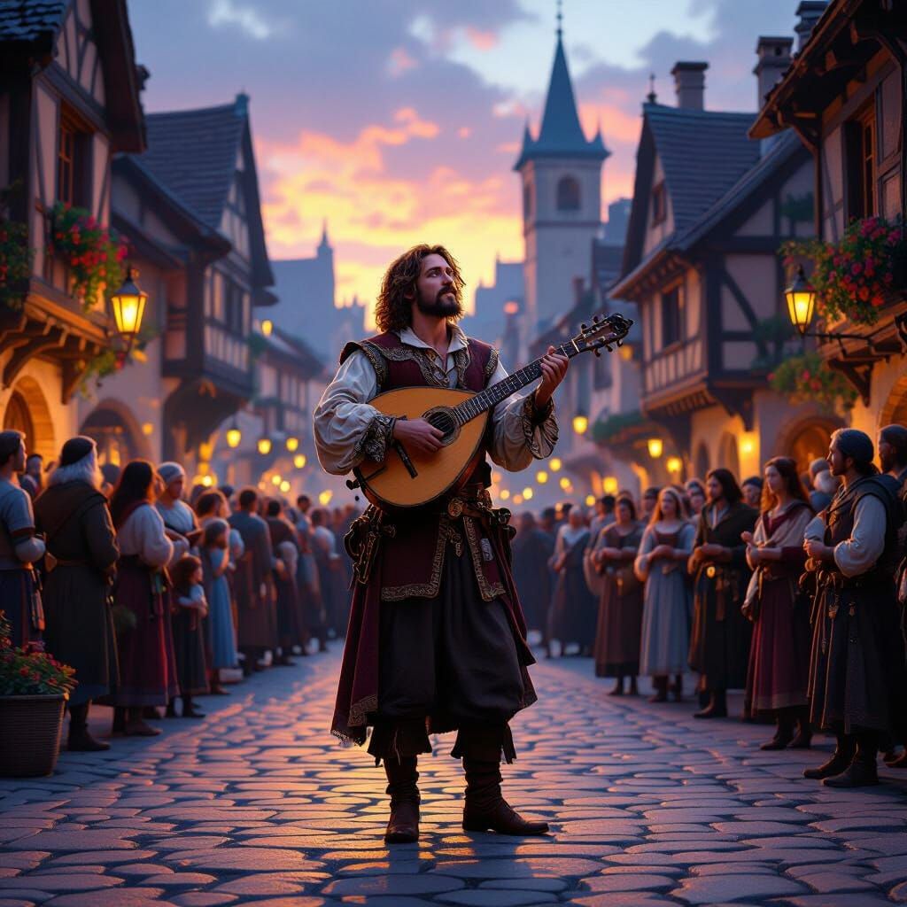 Medieval Troubadour Entertains Village at Twilight