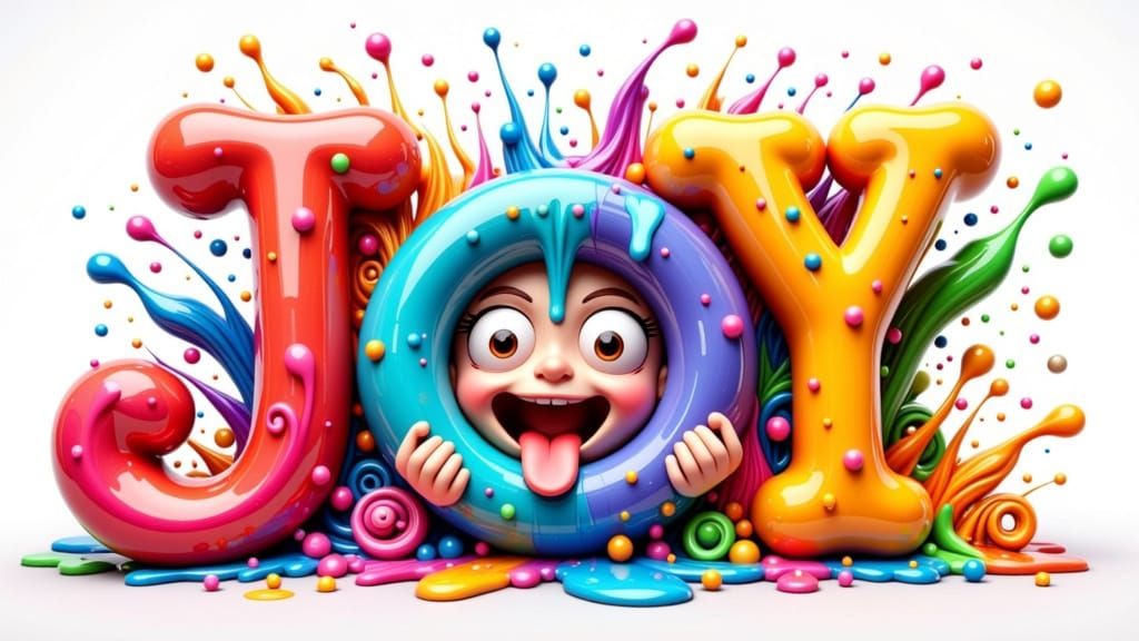 Joyful 3D Art with Cartoon Face and Rainbow Ink