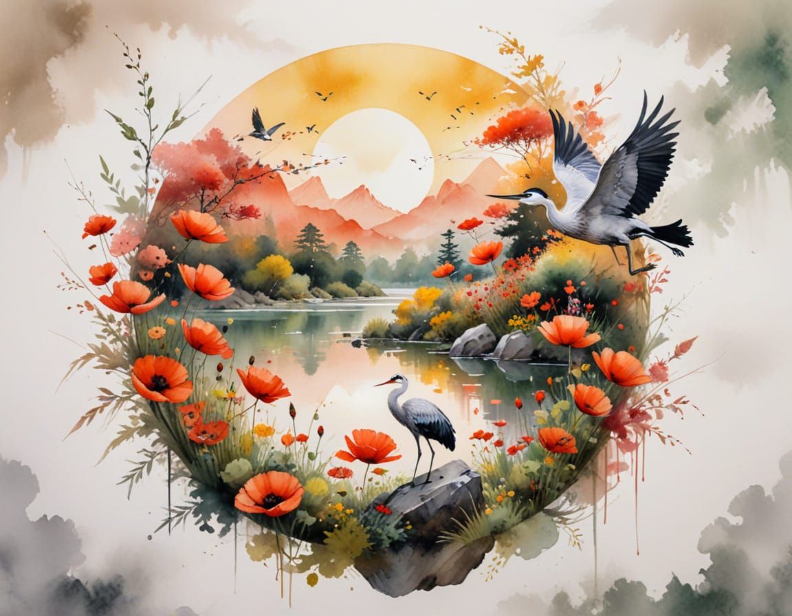 Crimson Sun Over Autumn Lake with Crane and Pagoda