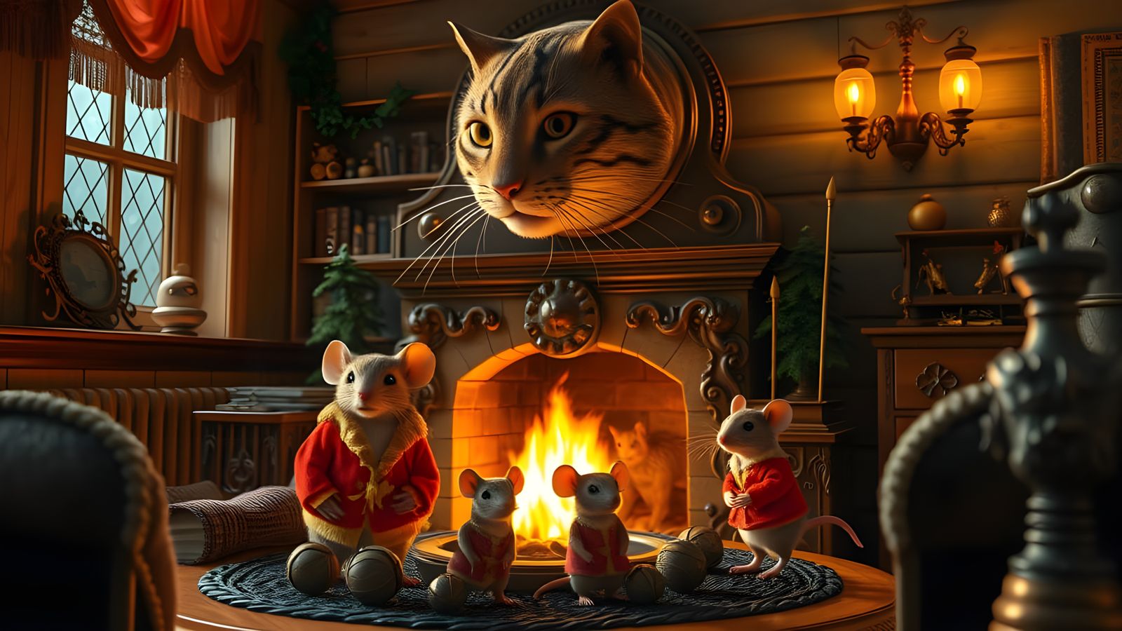 Cozy Scene of Mice and Cat in a Warm Hearth