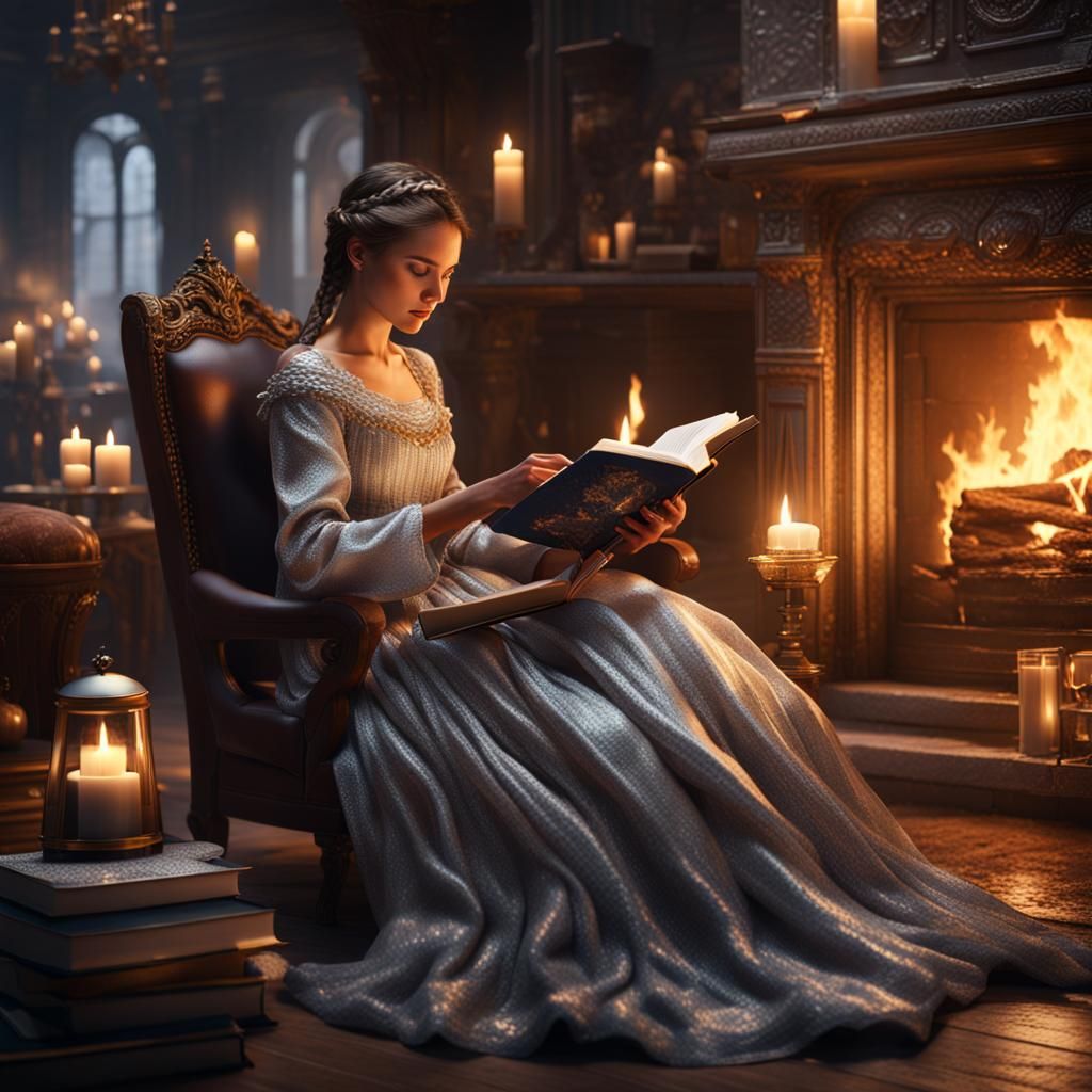 Woman Reading by Fireplace: Fantasy Concept Art