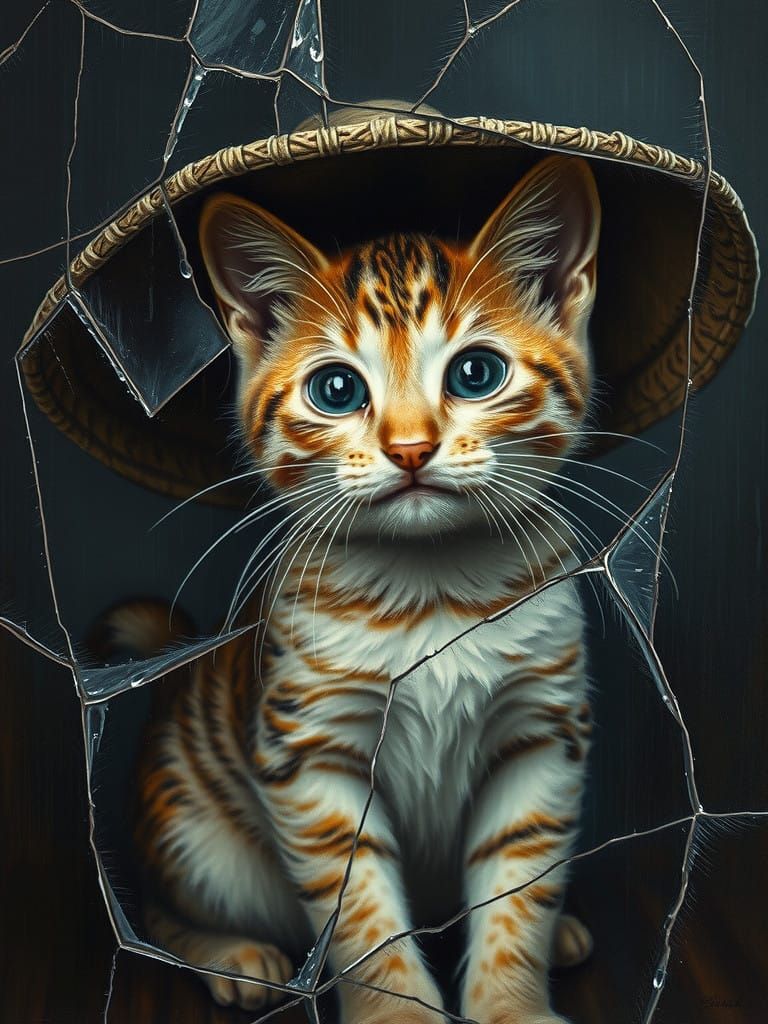 Wet Kitten Portrait in a Hat, Oil on Canvas