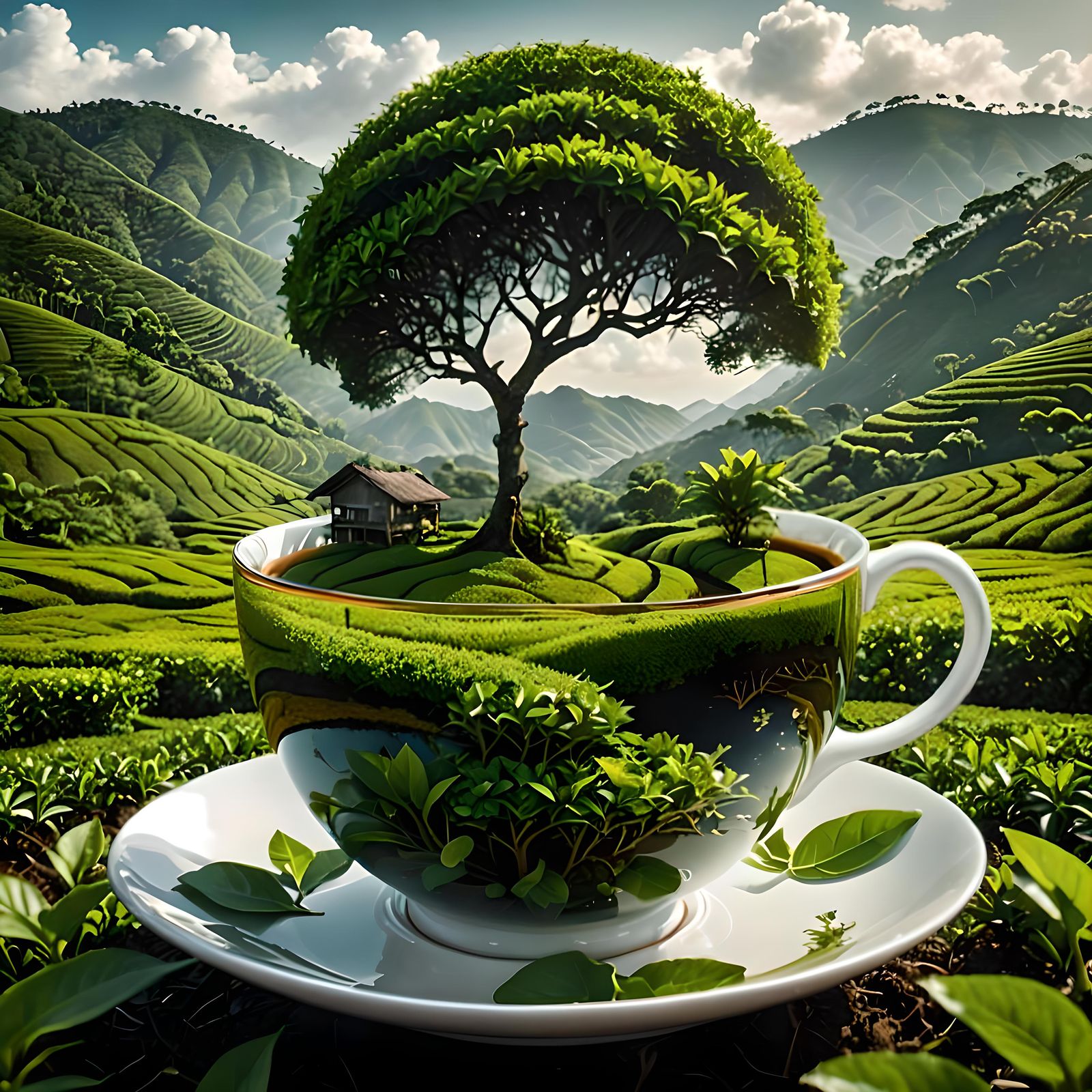 Surreal Tea Plantation Double Exposure in HDR