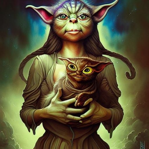 Watercolor of Woman Holding Yoda-Faced Cat