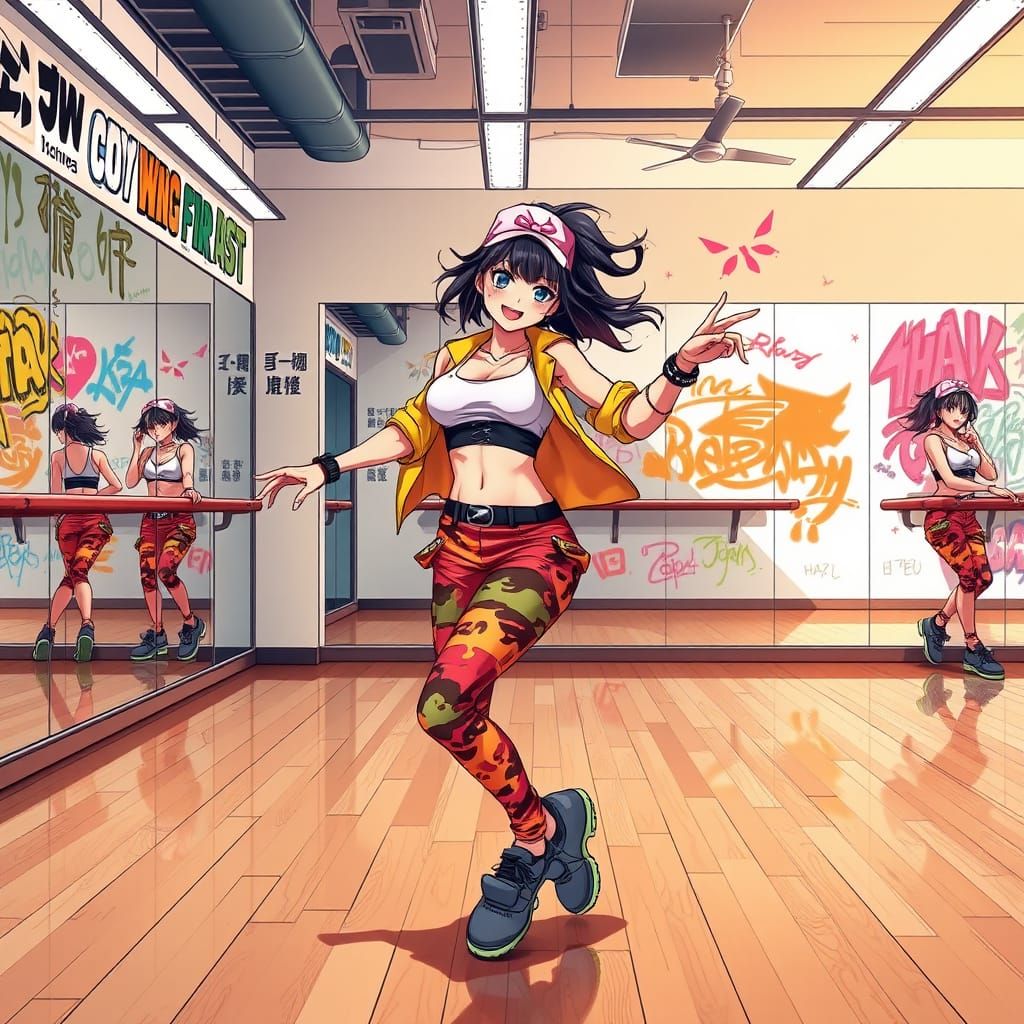 Dynamic Young Woman in Vibrant Hip-Hop Dance Studio